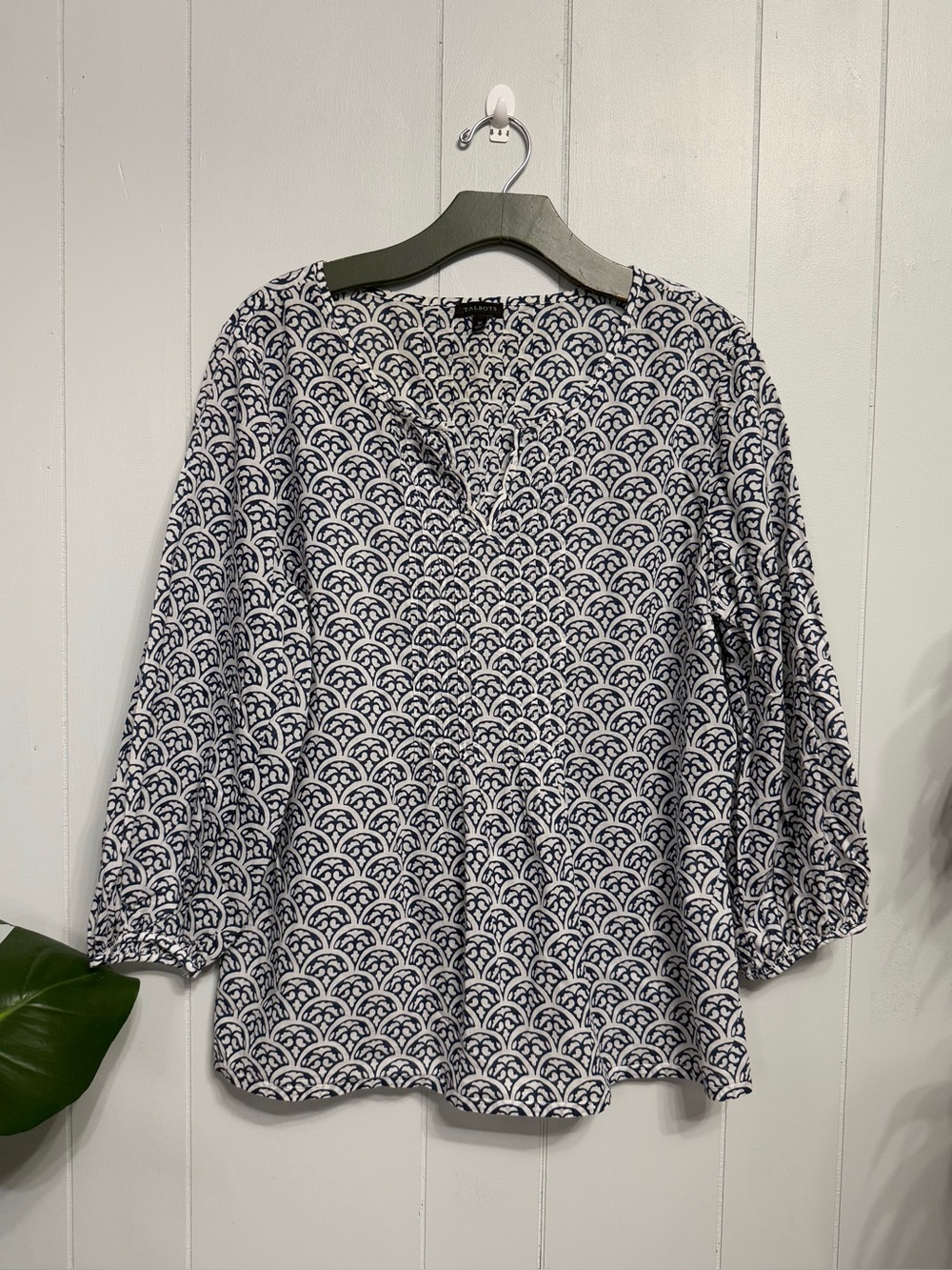 #17) Women's Cotton Navy & White Patterned V-Neck Blouse